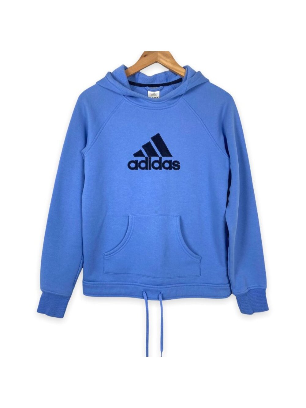 Adidas Soft Blue Hooded Sweatshirt Drawstring Waist Front Pocket Size Small
